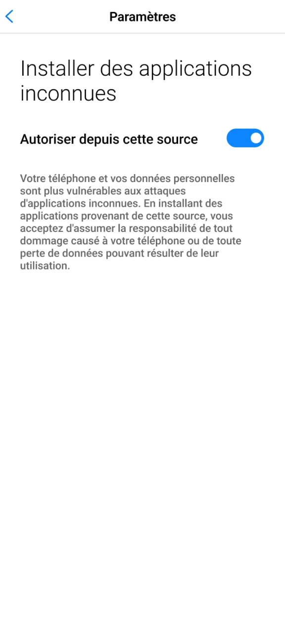 Autorisez l'installation à partir de sources inconnues pour télécharger l'application Megapari.