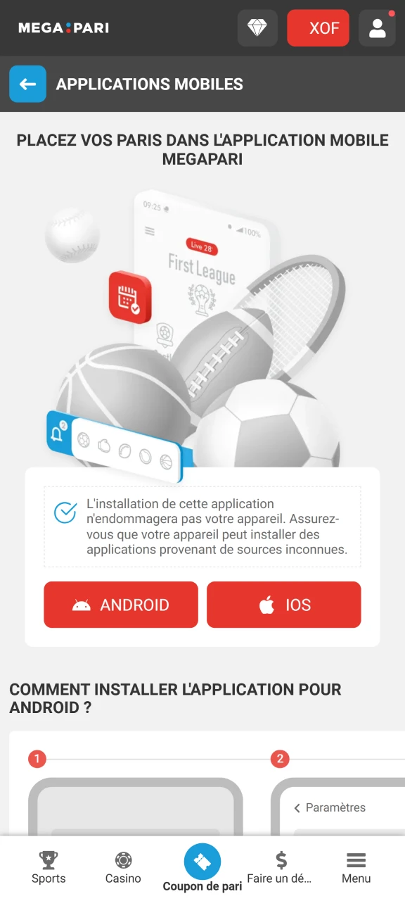 Ouvrez le site officiel de Megapari pour obtenir le fichier APK.