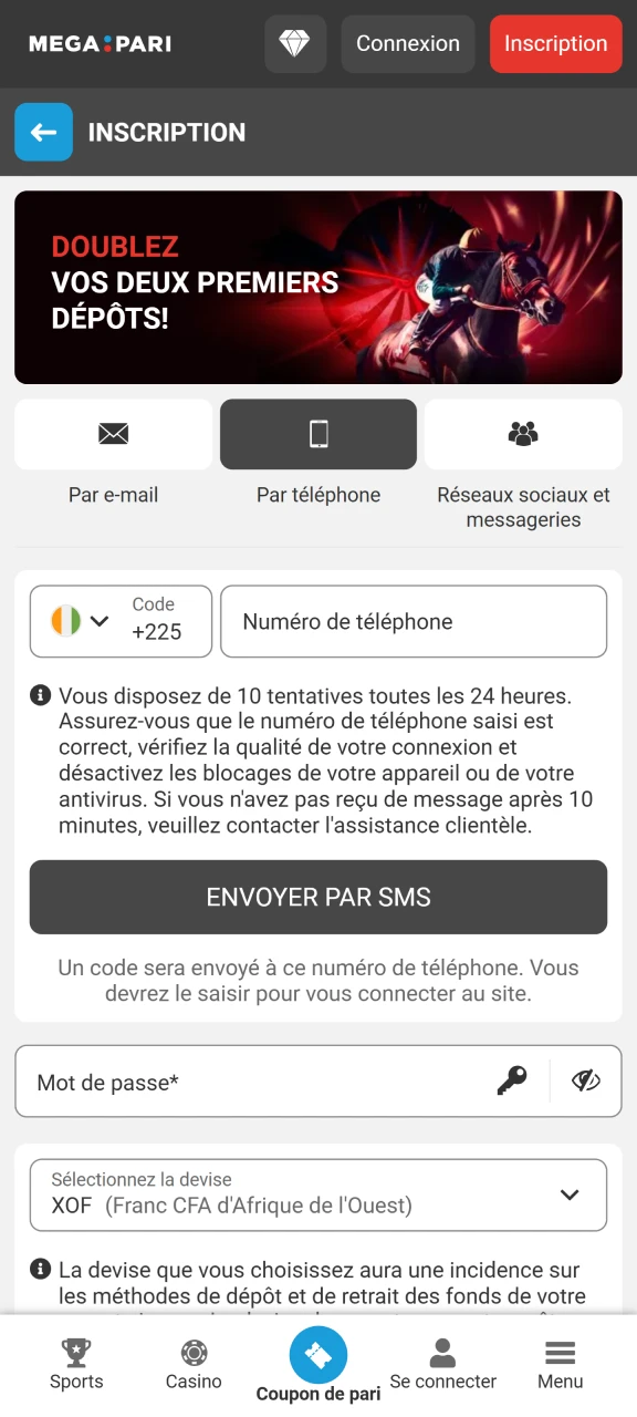 Inscrivez-vous sur le site Web Megapari pour obtenir un accès complet à la plateforme.
