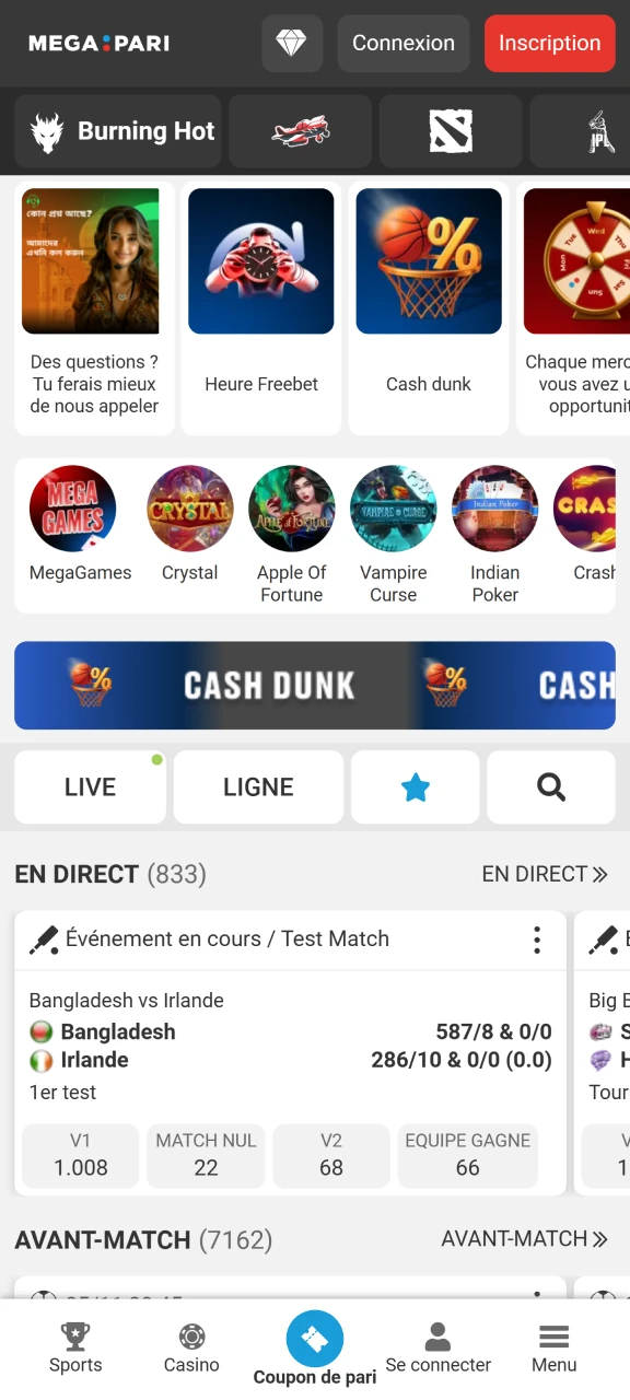 Profitez des paris et des jeux sur la version mobile de Megapari.
