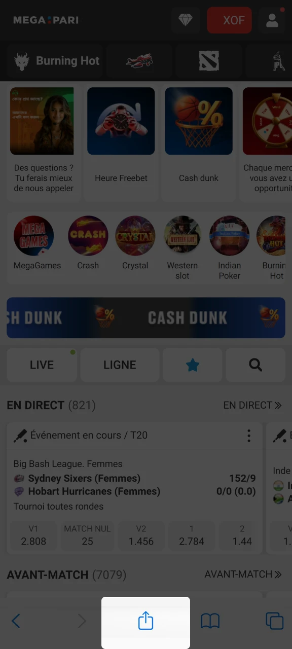Cliquez sur Partager pour ouvrir le menu et ajouter Megapari à votre appareil.