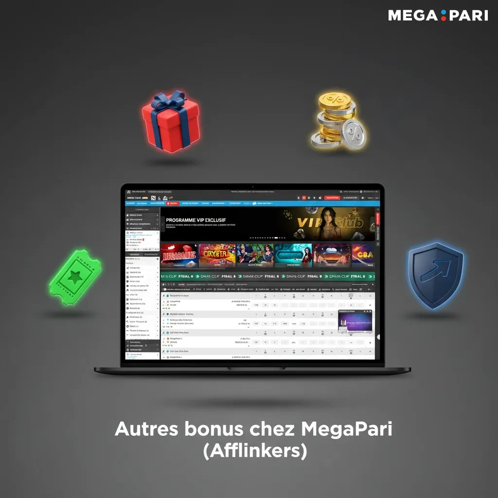 Bannière MegaPari: autres bonus: rechargement hebdo, cashback, free spins, boost combiné sport, tournois slots.