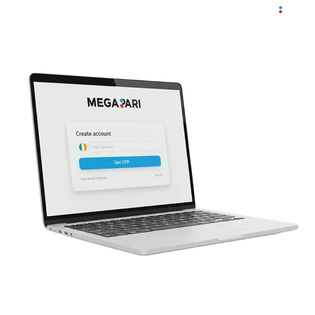 Formulaire d’inscription MegaPari Côte d’Ivoire: options tel, e-mail, réseaux sociaux, 1 clic; bonus 200 %, 984 000 XOF.