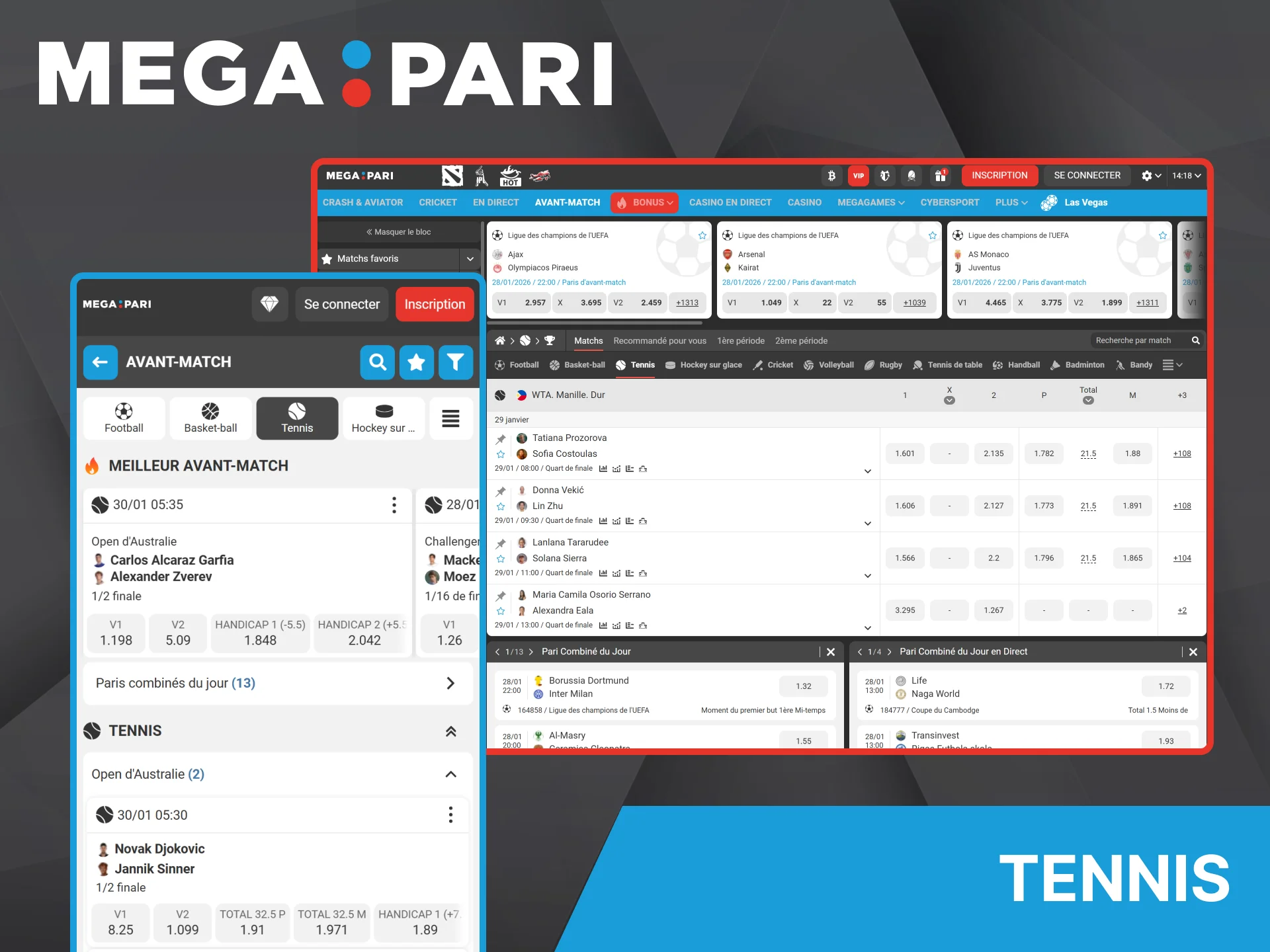 Sur le site web de Megapari, vous pouvez parier sur les grands tournois de tennis et les compétitions internationales.