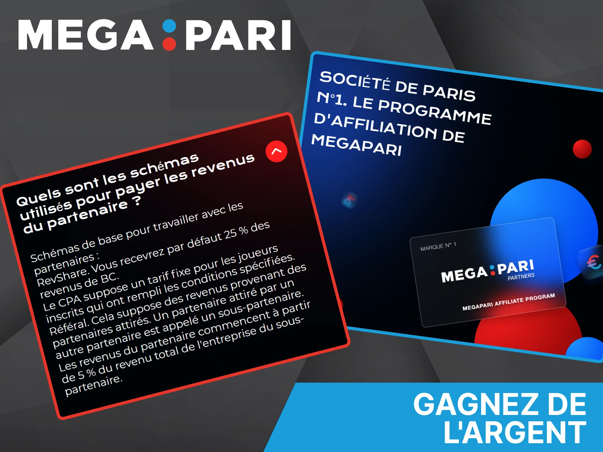 Le programme d'affiliation Megapari propose plusieurs options de partenariat afin que chacun puisse choisir l'option qui lui convient le mieux.