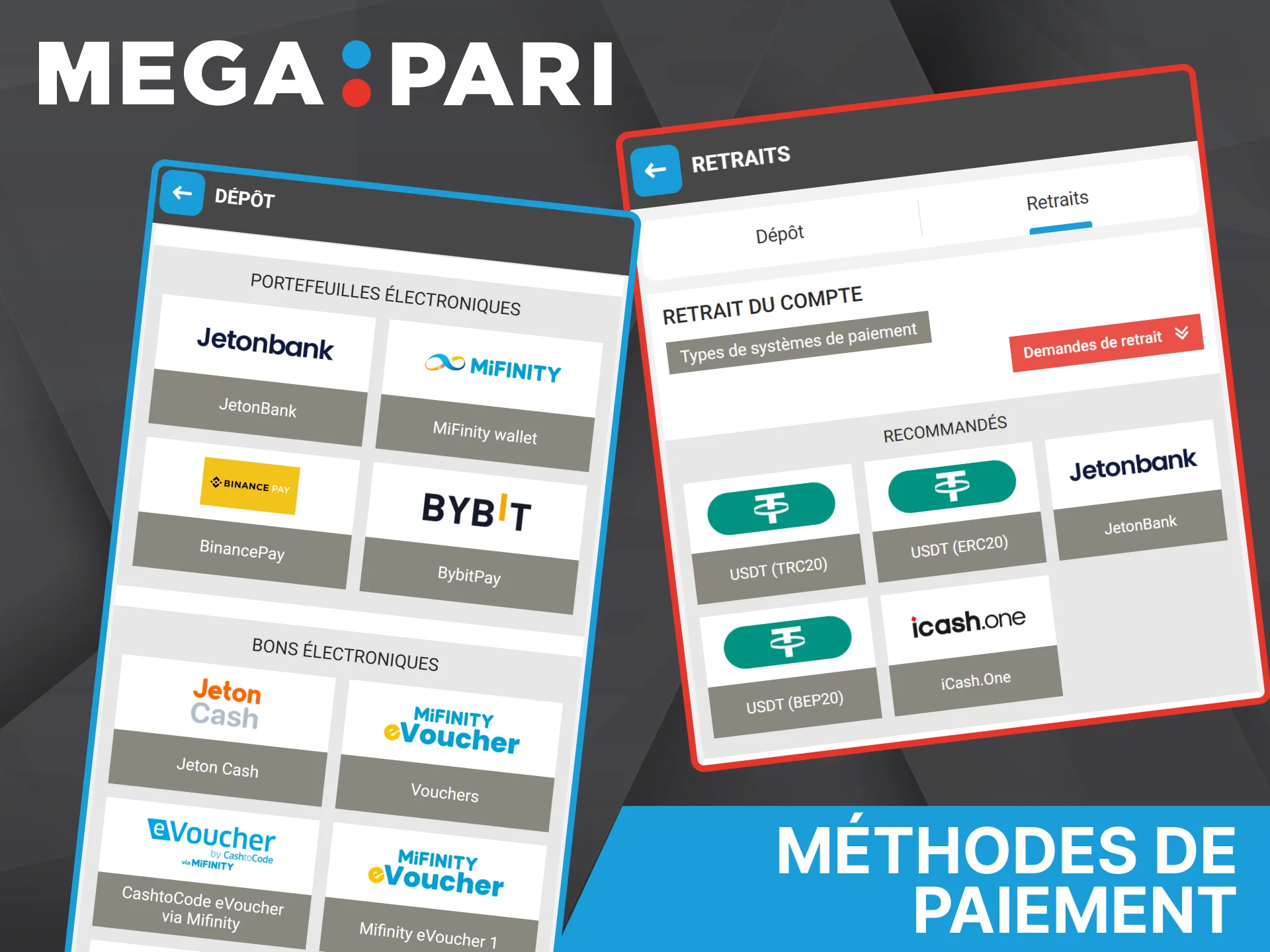 Les mêmes modes de paiement pratiques sont disponibles dans l'application Megapari que sur le site officiel.