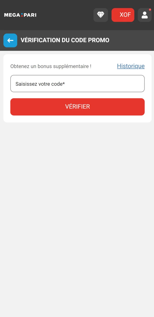 Utilisez le code promotionnel sur le site web de Megapari si nécessaire pour activer le bonus.