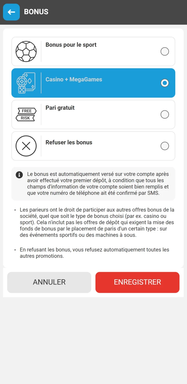 Sélectionnez le bonus qui vous convient dans le formulaire d'inscription sur le site web du casino Megapari.