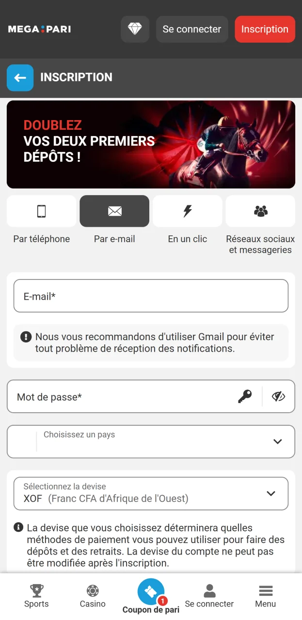 Saisissez les informations requises et créez un compte sur le site web du casino Megapari.