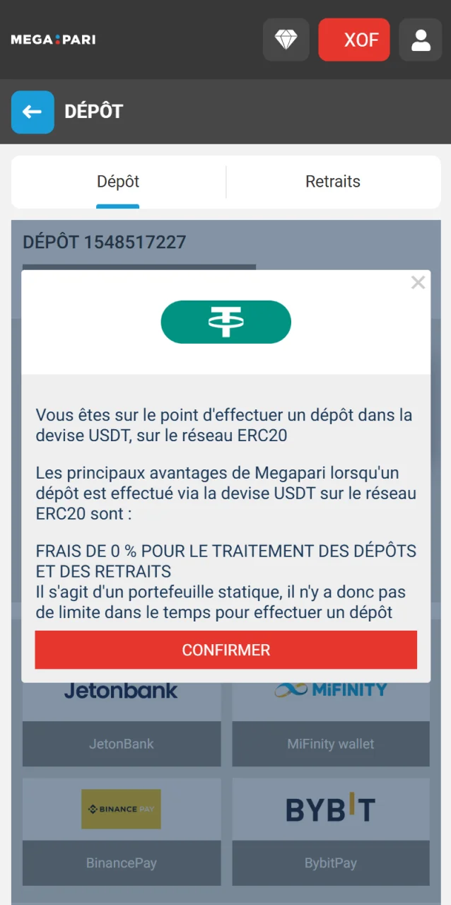 Sélectionnez un mode de paiement sur la plateforme Megapari et activez le code promo.