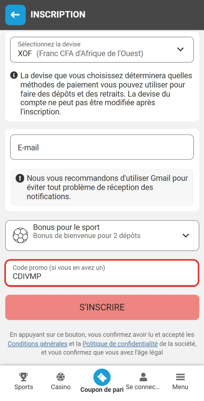 Saisissez et confirmez le code promotionnel sur la plateforme Megapari.