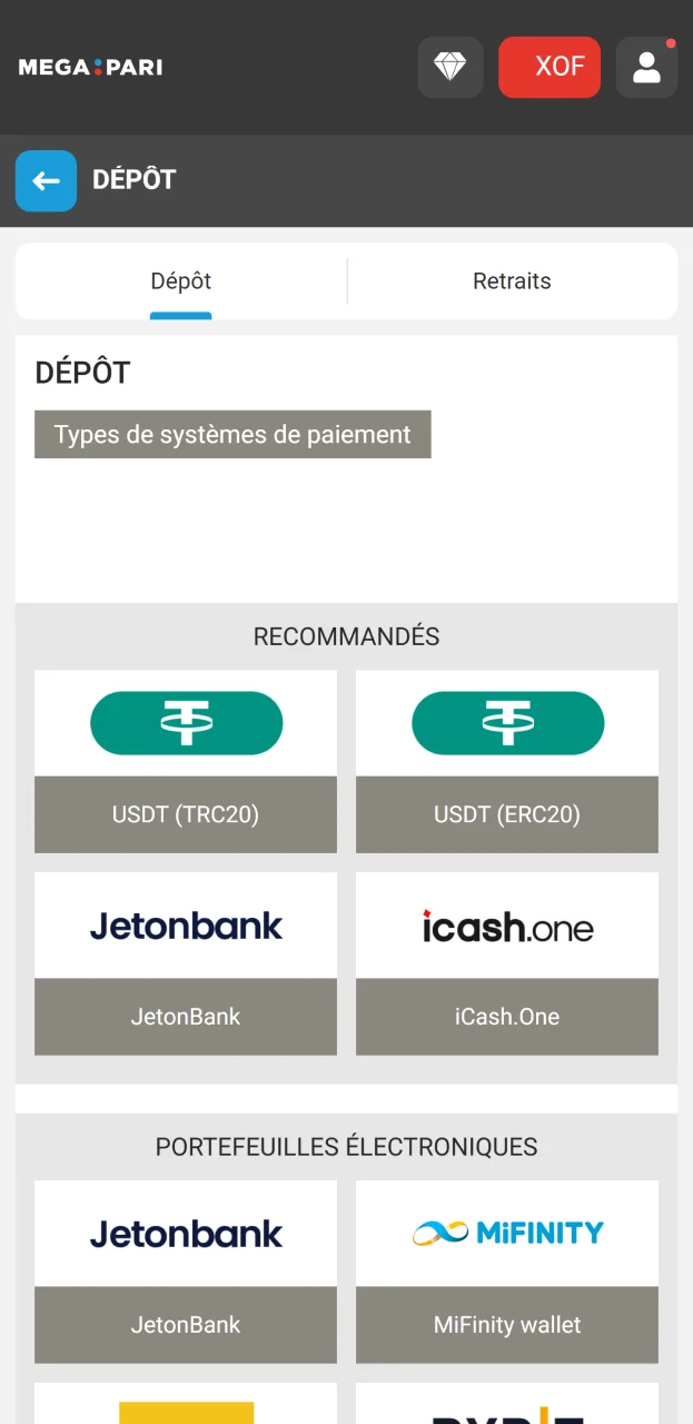 Sur le site web de Megapari, vous pouvez choisir une méthode pratique et sécurisée pour recharger votre compte.