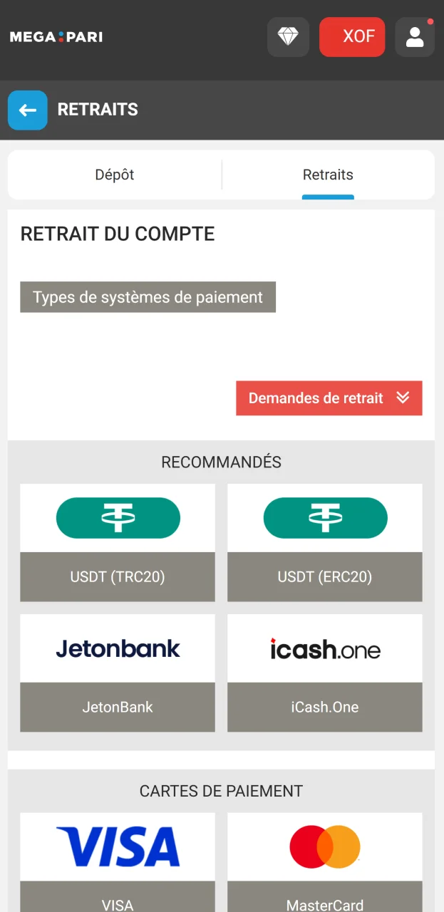 Choisissez un mode de retrait parmi ceux disponibles sur le site web de Megapari.