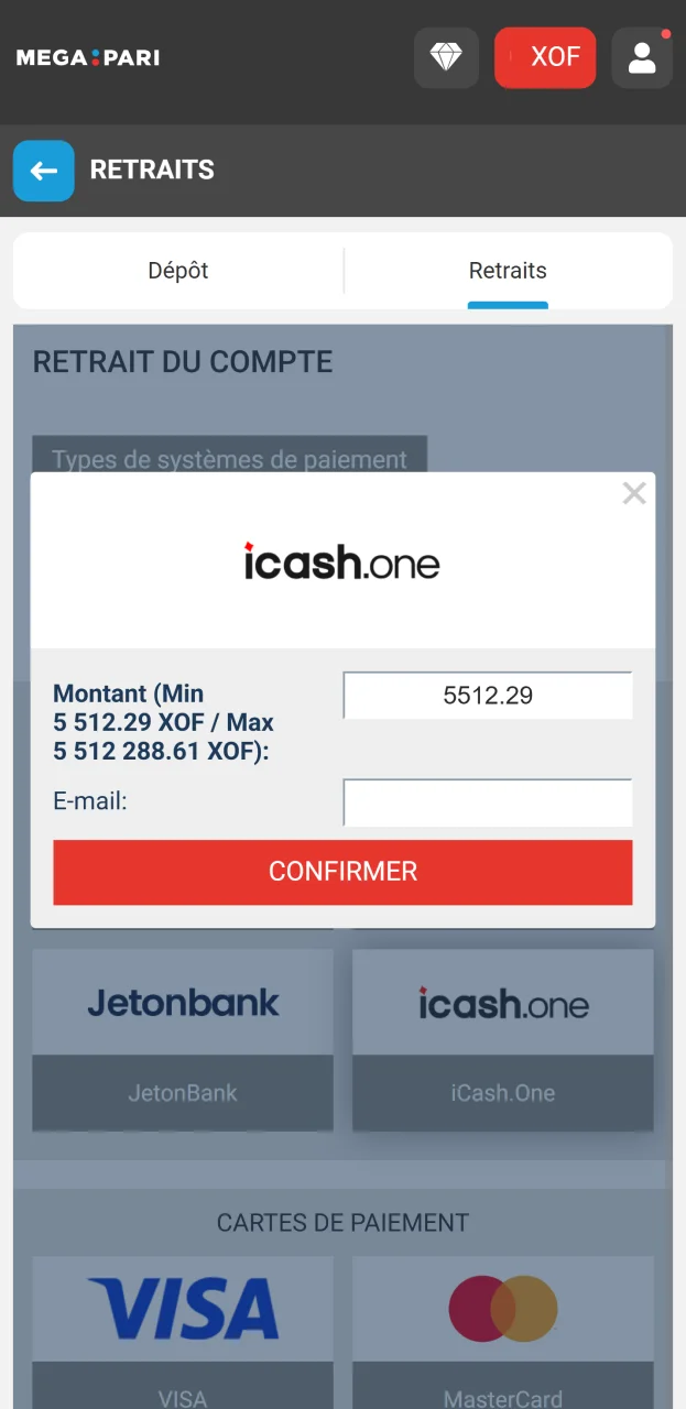 Saisissez le montant du retrait conformément aux limites disponibles sur le site web de Megapari.