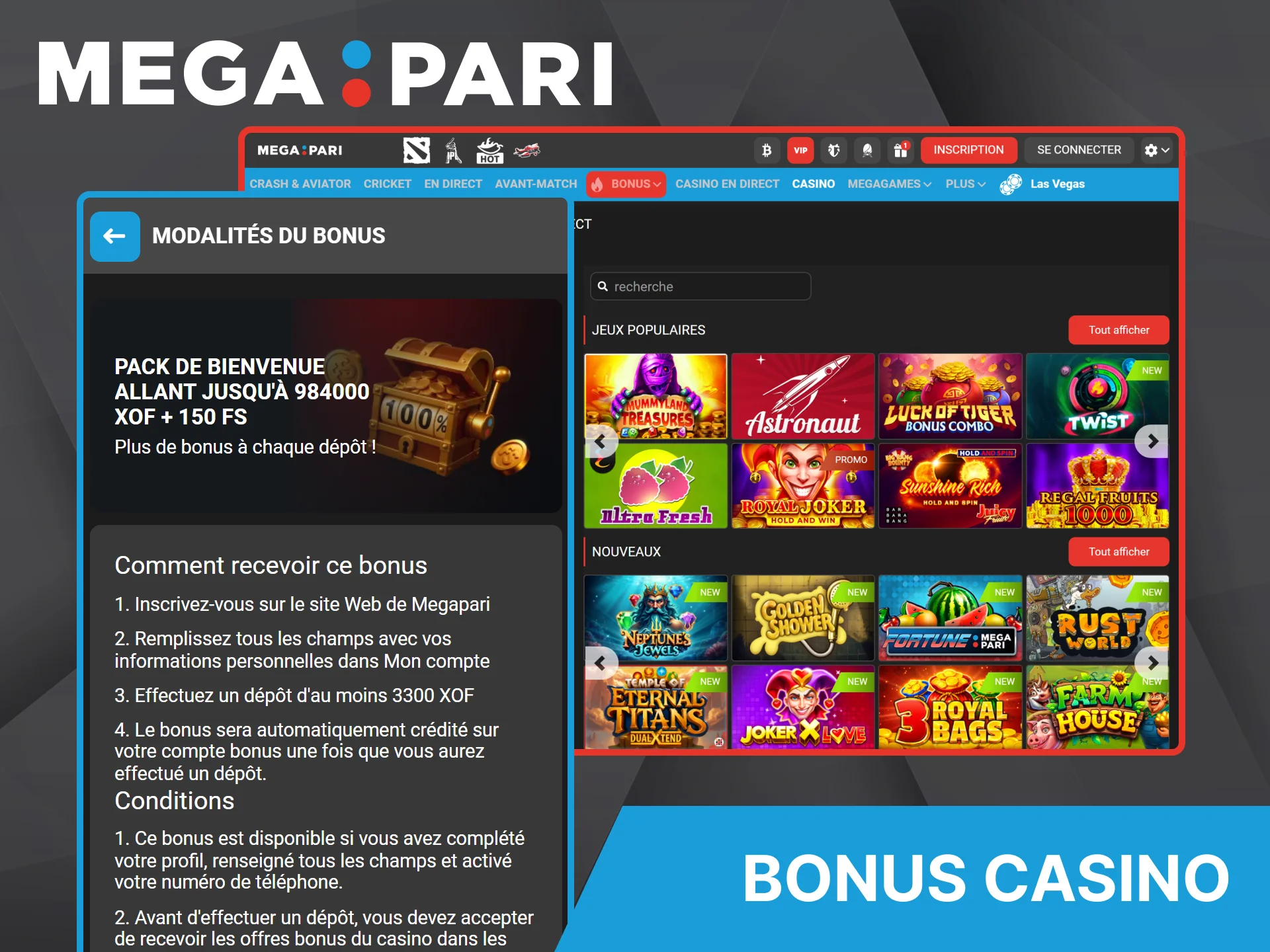 Offre de bienvenue incluant des tours gratuits pour jouer au casino Megapari.