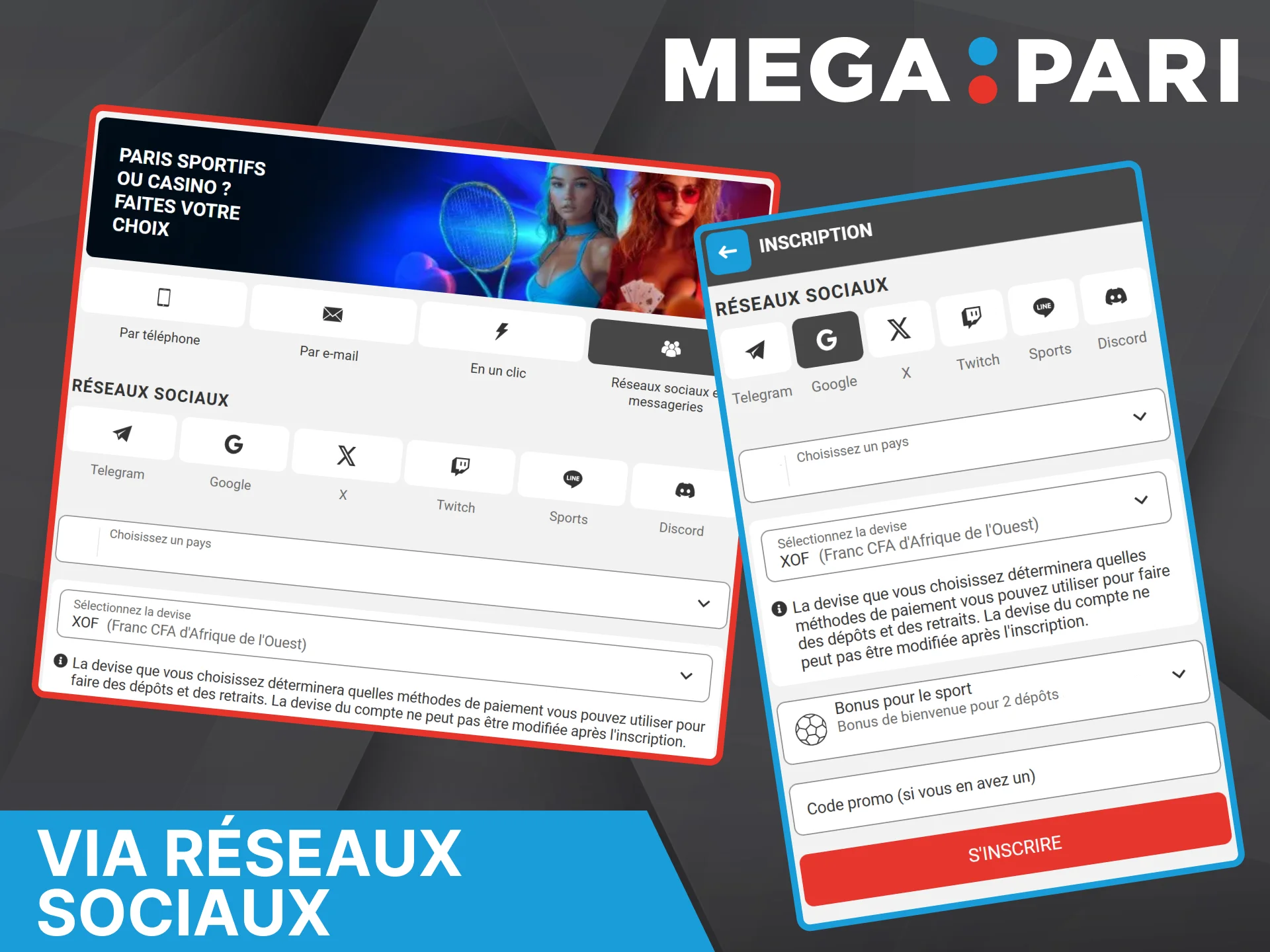 Créez un compte en synchronisant votre profil de réseau social avec le site web du bookmaker Megapari.