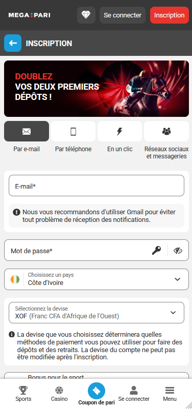 Inscription sur Megapari